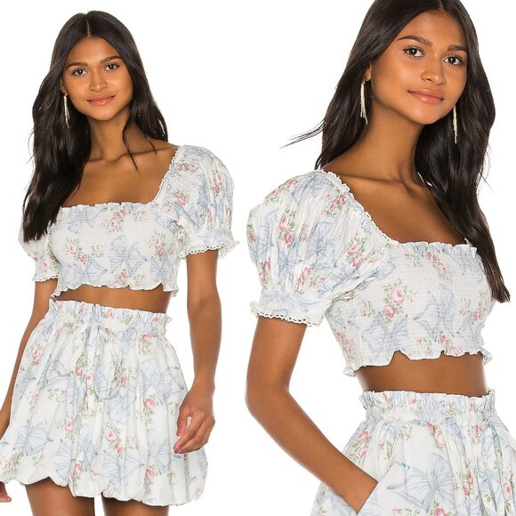 LoveShackFancy Tops - LoveShackFancy Calypso Top Pastel Blue smocked cropped puff sleeve prairie S